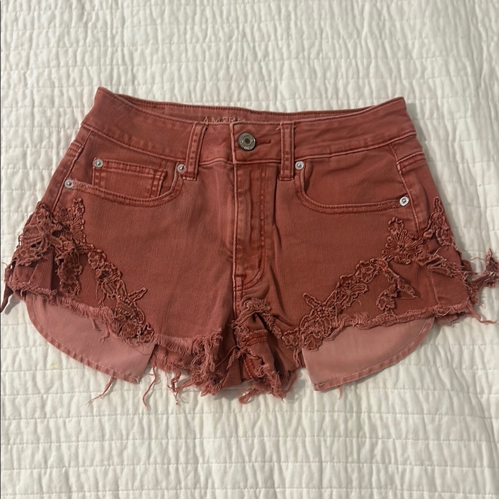 Women's Distressed Lace Trim Jean Shorts - Rust